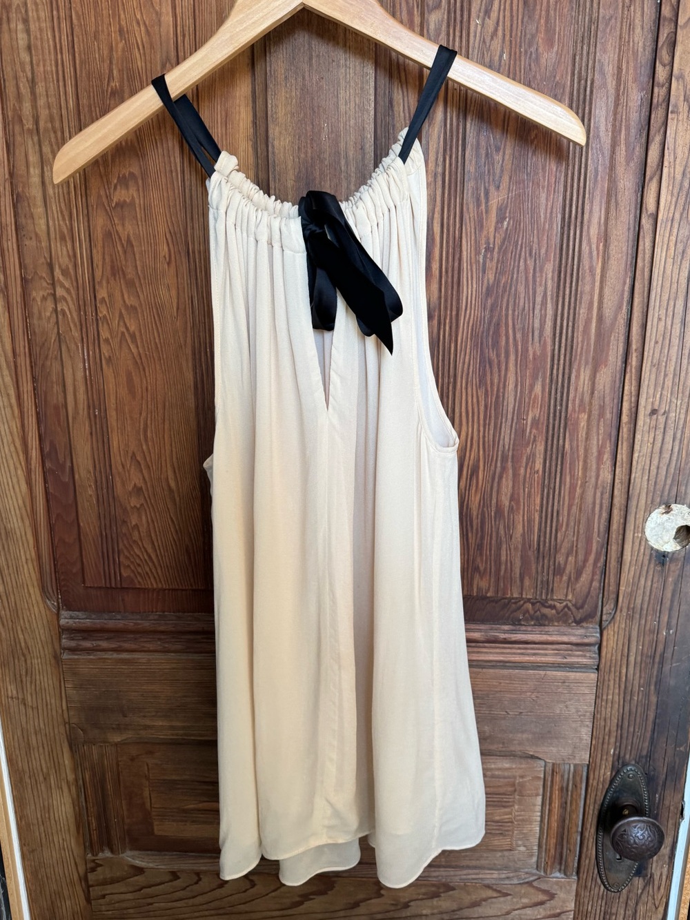 Reiss Cream Sleeveless Bow-Neck Blouse with Black Tie